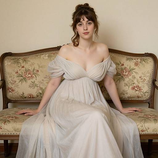Photograph of a fair-skinned woman with brown hair in an updo, wearing an off-shoulder, white, satin gown, sitting on