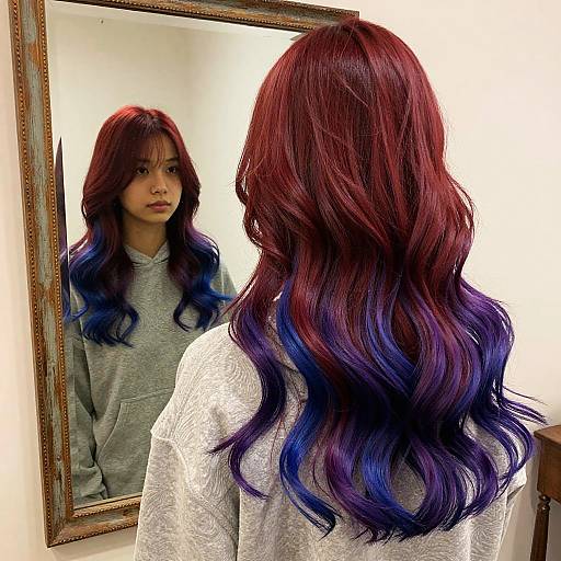 Photograph of an Asian woman with long, wavy red and blue ombre hair, standing before a mirror, wearing a gray sweater, in