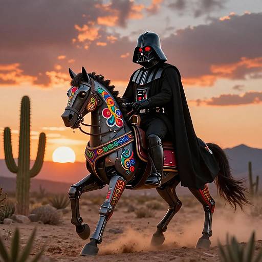 Photograph-style digital art: Darth Vader in black armor rides a decorated horse with colorful patterns in a desert sunset, cacti, and mountains in