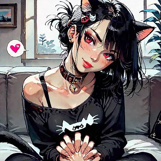 Gothic Cat Girl in Cozy Room