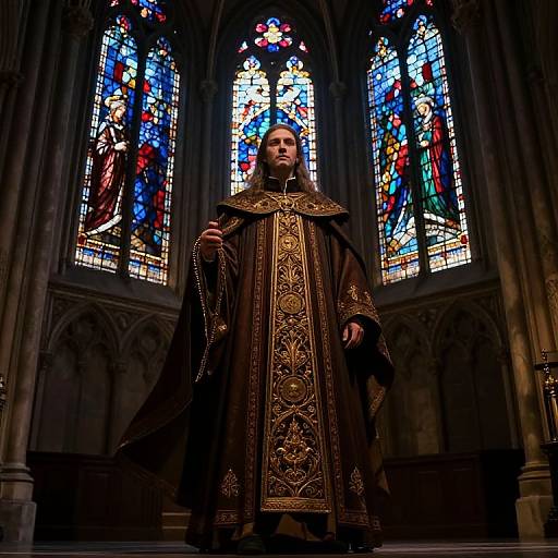Photograph of a solemn priest in ornate brown robes, standing before vibrant, multi-colored stained glass windows in a dark, Gothic-style church.