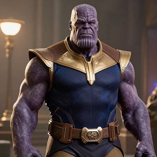 Photograph of a muscular, bald, purple-skinned villain with a stern expression, wearing a gold-trimmed blue suit and brown belt, standing