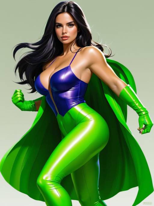 Confident Female Superhero in Green and Blue Costume