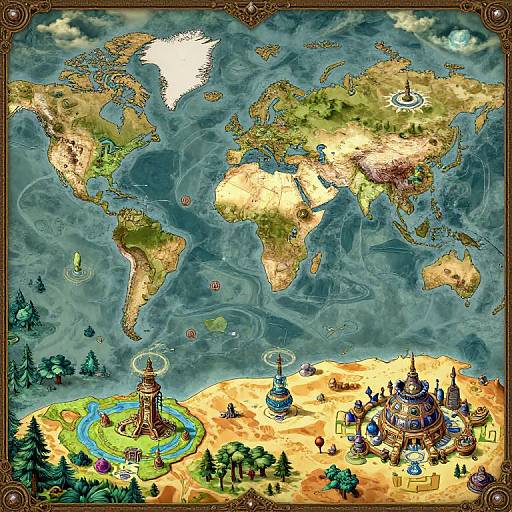 Colorful, detailed digital map of the world with fantasy elements: magical towers, enchanted forests, and a vibrant, castle-filled landscape at the bottom.