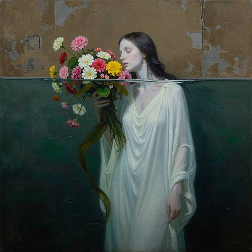 Photorealistic painting of a pale, dark-haired woman in a flowing white robe, holding a vibrant bouquet of multicolored flowers, against a textured