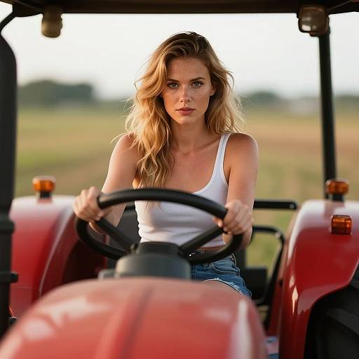 Photograph of a blonde woman with wavy hair, wearing a white tank top and denim shorts, driving a red tractor in a sunlit field.