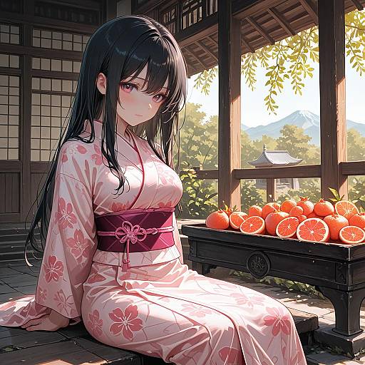 Girl in Pink Kimono with Grapefruits at Temple