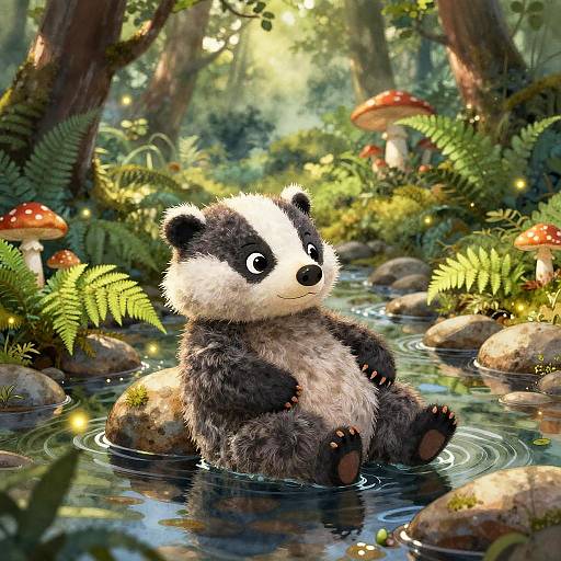 Adorable, fluffy badger with black and white fur sits in a sunlit forest stream, surrounded by mushrooms and ferns, in a vibrant,