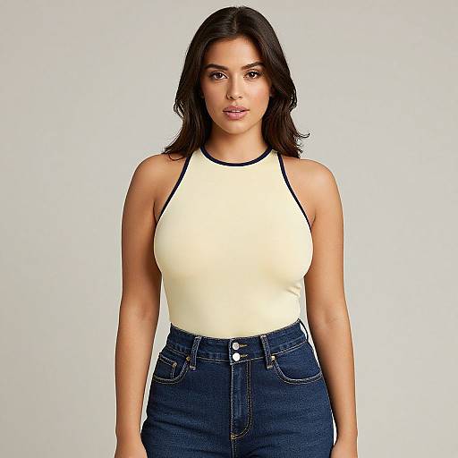 Photograph of a woman with medium brown skin, long black hair, wearing a white sleeveless top with black trim and high-waisted blue jeans