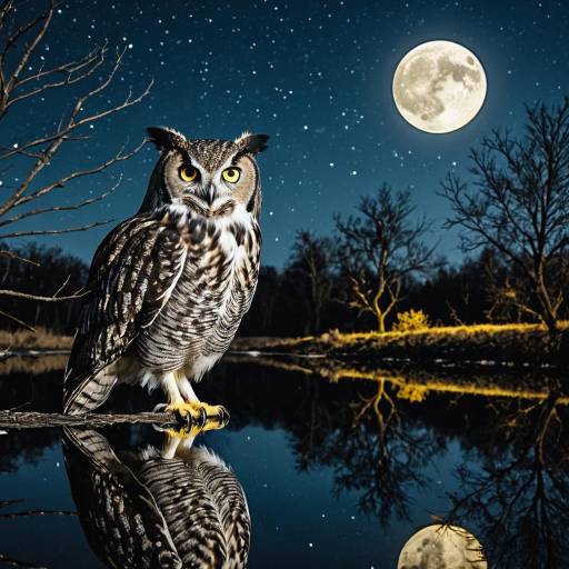 Great Horned Owl at Night with Full Moon
