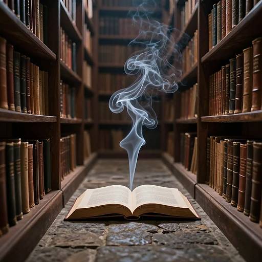 Photograph of an open book emitting blue smoke, centered in a narrow, dimly-lit library aisle with wooden shelves filled with books.