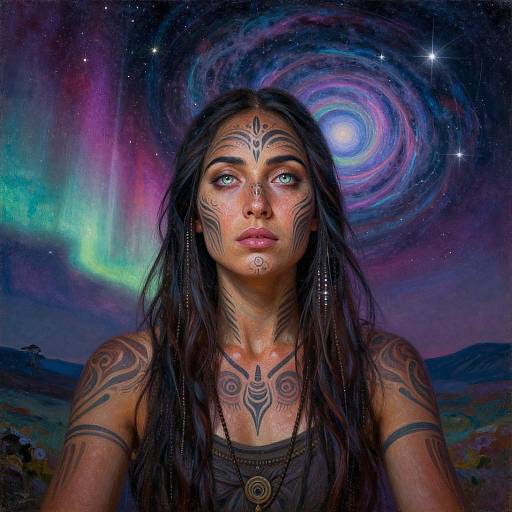 Digital art of a tattooed woman with long black hair, blue eyes, and intricate facial markings, set against a vibrant, swirling galaxy and aurora