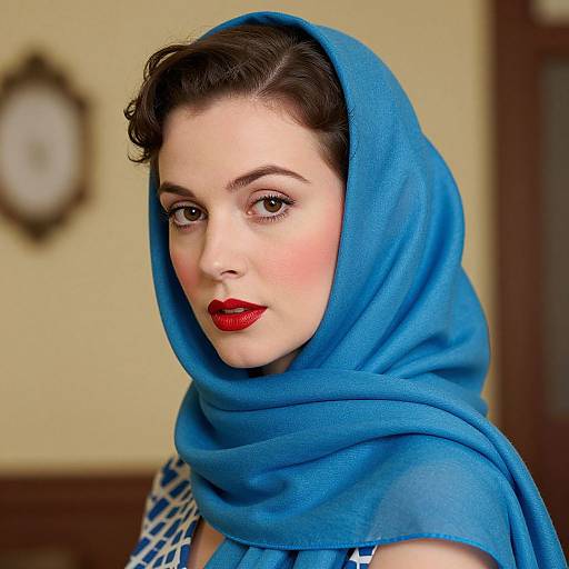 Photograph of a fair-skinned woman with dark brown hair, wearing a bright blue headscarf, red lipstick, and blue-and-white striped clothing
