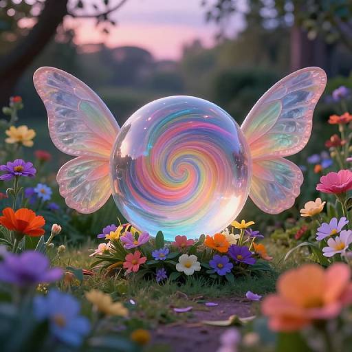 Photograph of a glowing, rainbow-swirled glass orb with iridescent fairy wings, surrounded by colorful flowers in a lush garden at sunset.