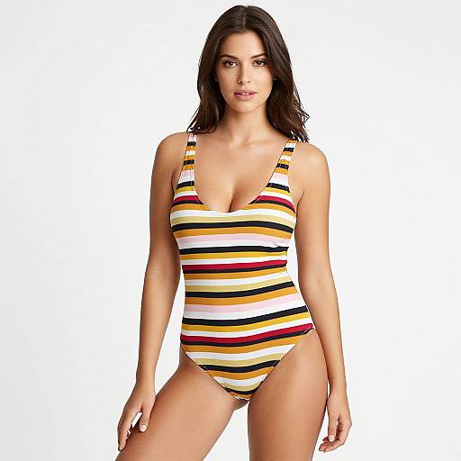 Photograph of a dark-haired woman with light skin wearing a colorful, striped one-piece swimsuit, standing against a plain white background.