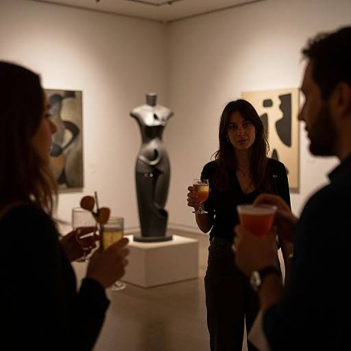 Photograph of a dimly lit art gallery; three silhouetted people with drinks, observing abstract paintings and a black sculpture.
