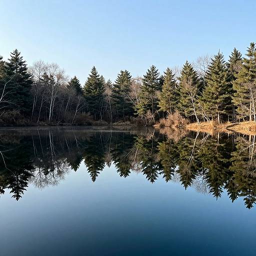 Photograph of a serene lake reflecting a forest of evergreen and leafless trees under a clear blue sky.