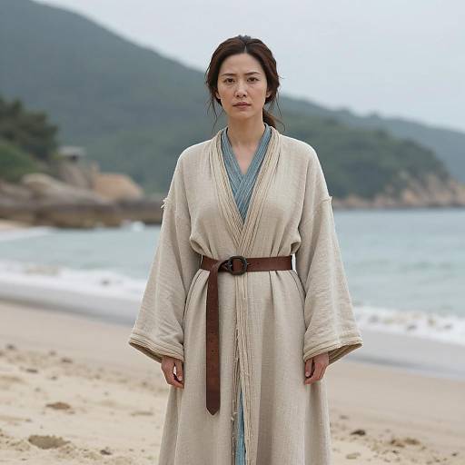 Woman in Beige Robe on Beach