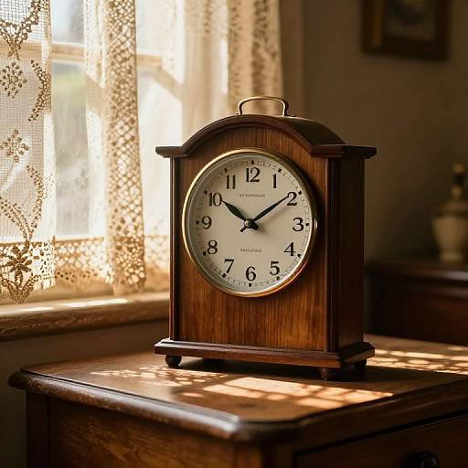 Photograph of a vintage wooden clock with a white face and black numbers, sitting on a wooden table in sunlit room.