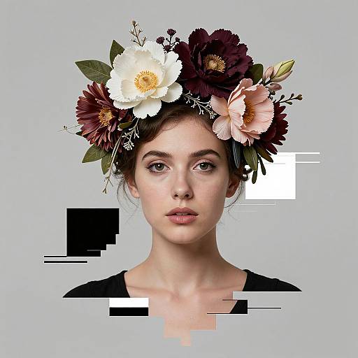 Digital portrait of a pale-skinned woman with dark brown hair, wearing a black top, adorned with a floral crown featuring white, pink, and dark