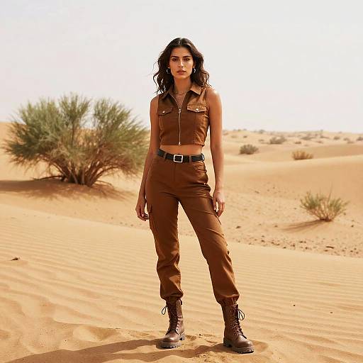 Photograph of a confident woman with dark hair in brown military-style outfit and boots, standing in a sunlit desert with sparse vegetation.