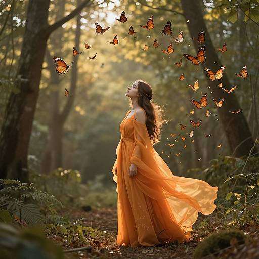 Photograph of a pregnant woman in a flowing orange dress, surrounded by glowing orange butterflies, standing in a sunlit forest.
