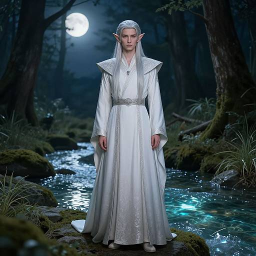 Photograph of an elf woman with long white hair, pointed ears, and a white, intricately embroidered long dress, standing in a moonlit forest