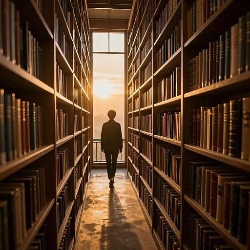 Silhouetted person walks down a sunlit library aisle, flanked by tall, filled bookshelves, creating a dramatic, warm, golden