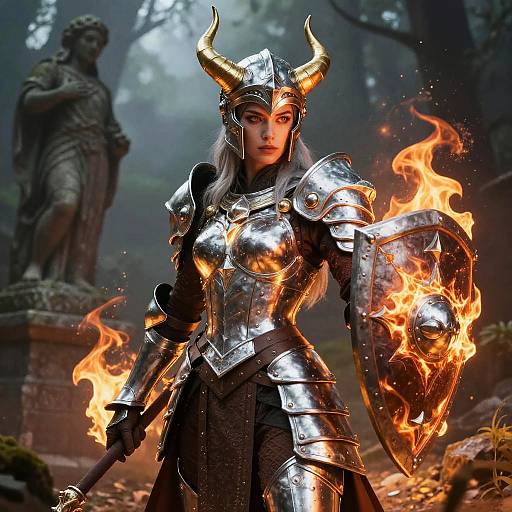 Female Warrior in Glowing Armor with Fiery Shield