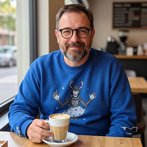 Photograph of a middle-aged man with glasses and a gray beard, wearing a blue sweater with a celestial design, holding a coffee cup at a café