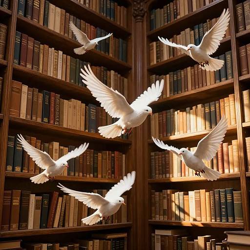 Photograph of five white doves with outstretched wings flying among tall, wooden bookshelves filled with assorted books. Warm, ambient lighting.