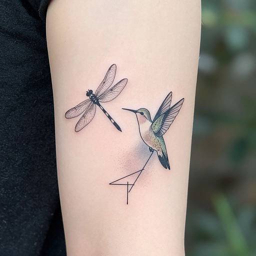 Tattoo of a delicate hummingbird feeding a dragonfly on a pale arm, with black clothing in the background.