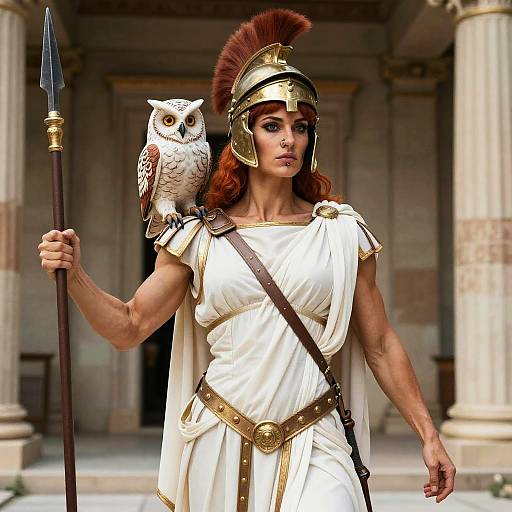 Digital art: Muscular woman in ancient Greek warrior attire with golden helmet, white toga, brown belt, holding spear, has owl on shoulder,