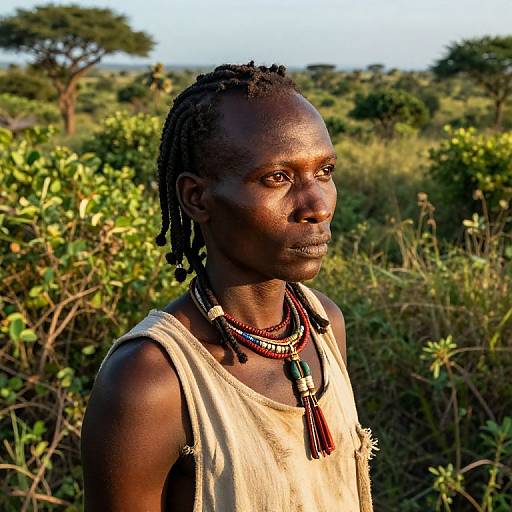 Photograph of a dark-skinned, African woman with braided hair, wearing a beige sleeveless top and layered beaded necklaces, standing in