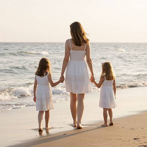 Photograph of a woman in a white dress holding hands with two young girls in white dresses, walking barefoot on a sunlit beach with gentle waves