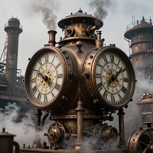 Photograph of an industrial-style brass clock with two round faces, black Roman numerals, and steam rising from machinery in the background.