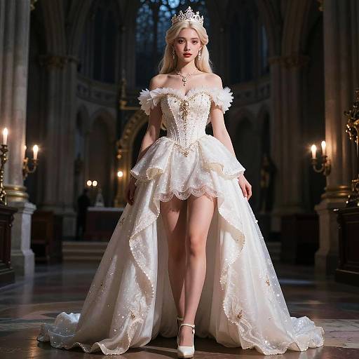 Elegant Princess in White Gown in Cathedral