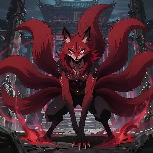 Digital anime-style drawing of a fierce, red-furred, nine-tailed fox with glowing eyes and black markings, standing in a dark, ancient temple