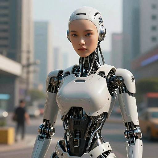 Mechanical Girl Close-Up in Cyberpunk City