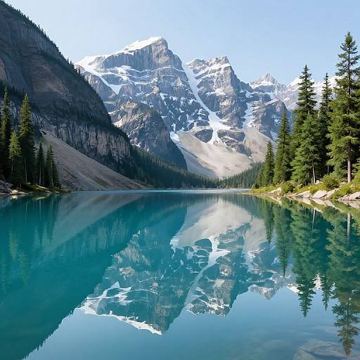 Photograph of a serene mountain lake with a perfect reflection, surrounded by evergreen trees, and snowy peaks under a clear blue sky.