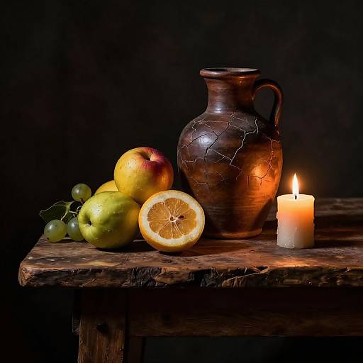 Photograph of a dark wooden table with a cracked brown vase, yellow and green grapes, halved lemon, and a lit candle against a black background