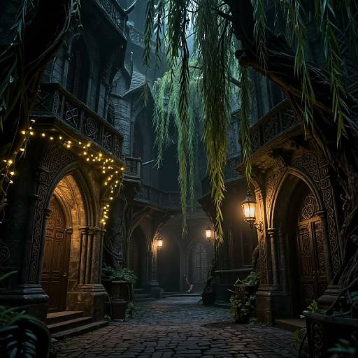 Mystical, dimly lit, Gothic courtyard at night with hanging string lights, lanterns, overgrown plants, and intricate wooden arches.