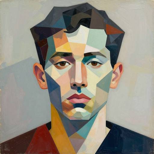 Geometric digital portrait of a young man with short dark hair, brown eyes, and neutral expression, using vibrant, angular colors and shapes.