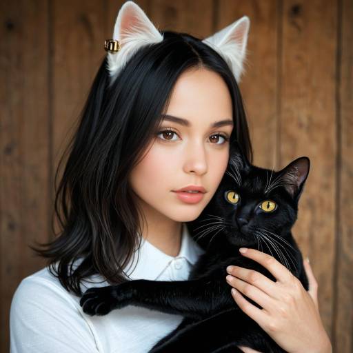 Charming Cat Girl Portrait with Black Cat Charming Cat Girl Portrait with Black Cat