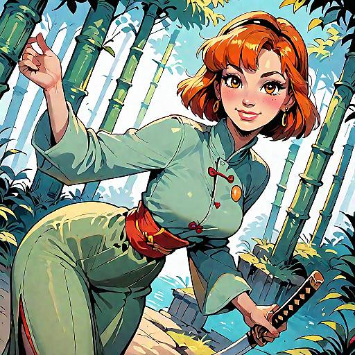 Digital art of a red-haired woman in a green Chinese-style outfit, holding a sword, amidst bamboo trees with bright sunlight.