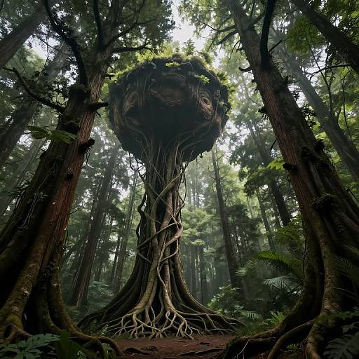 Photorealistic CGI of a mystical treehouse nestled high in a dense, sunlit forest, supported by massive, gnarled roots and vines.