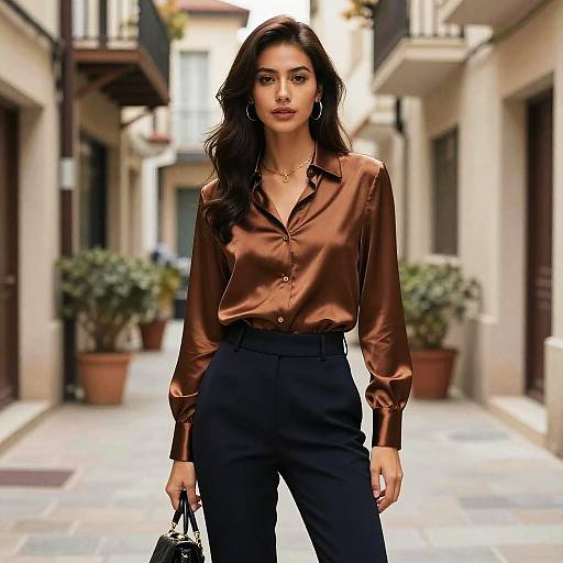 Photograph of a confident woman with long dark hair, wearing a shiny brown satin blouse and black high-waisted pants, standing in a sunlit