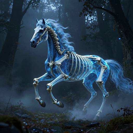 Ethereal Blue Skeletal Horse in Misty Forest