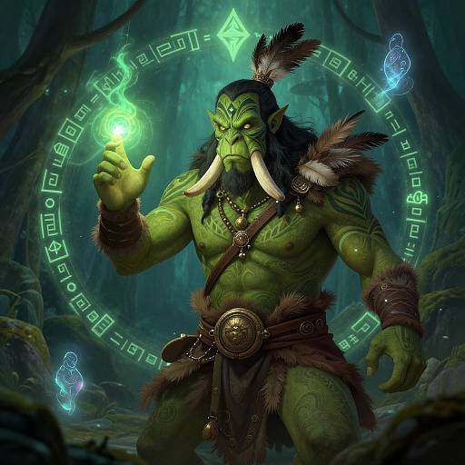 Digital artwork of a muscular, green-skinned orc with large tusks, feathered headdress, fur loincloth, and intricate tribal tattoos,