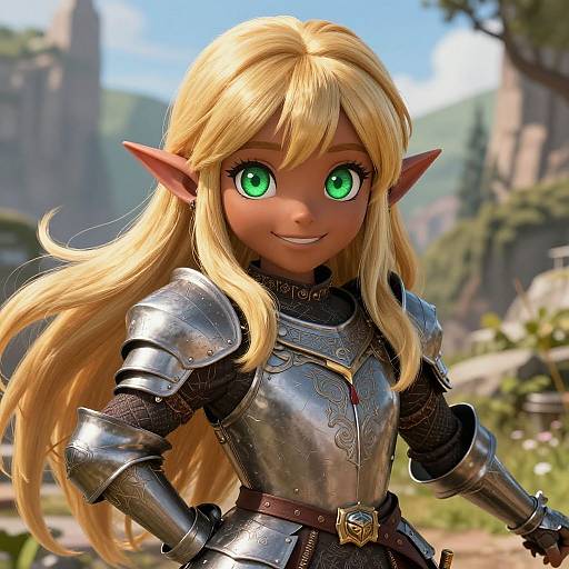 CGI image of a blonde, green-eyed elf girl with pointed ears, wearing silver medieval armor, smiling in a sunny, mountainous landscape.